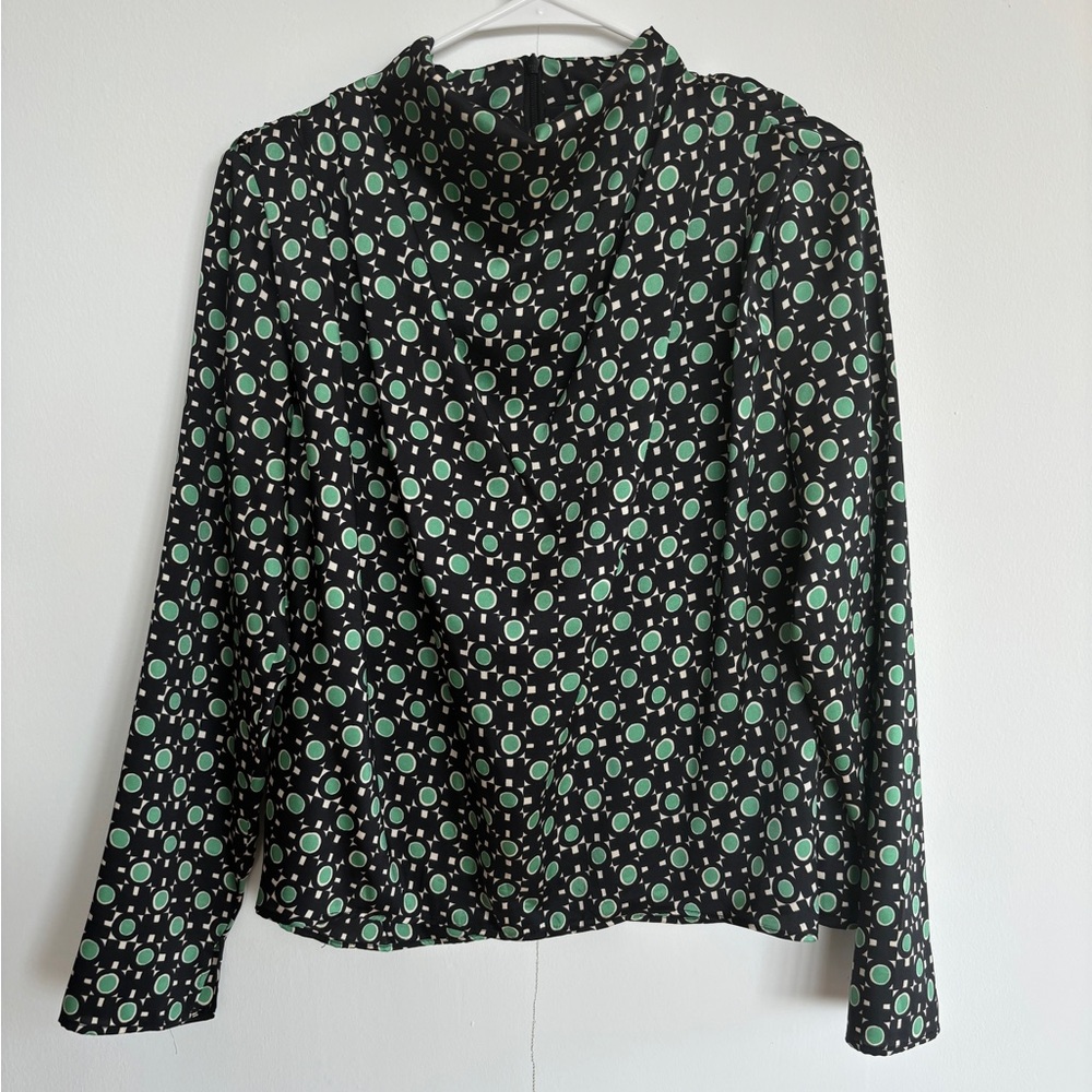 ZARA - black, green and cream geometric print high neck blouse - XS